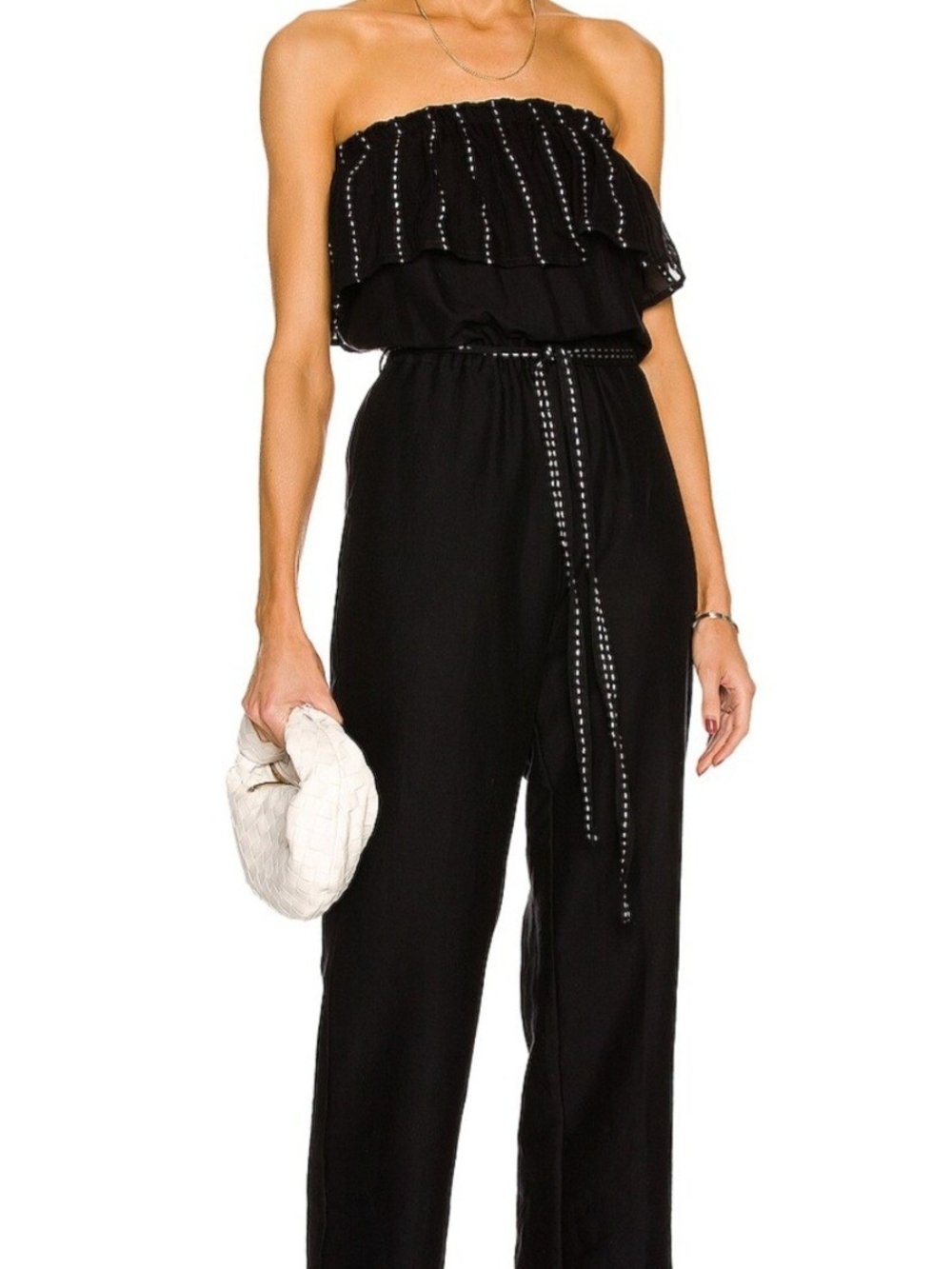 Lemlem Black Strapless Coastal Boho Wide-Leg Jumpsuit with Ruffle Overlay ( D39)